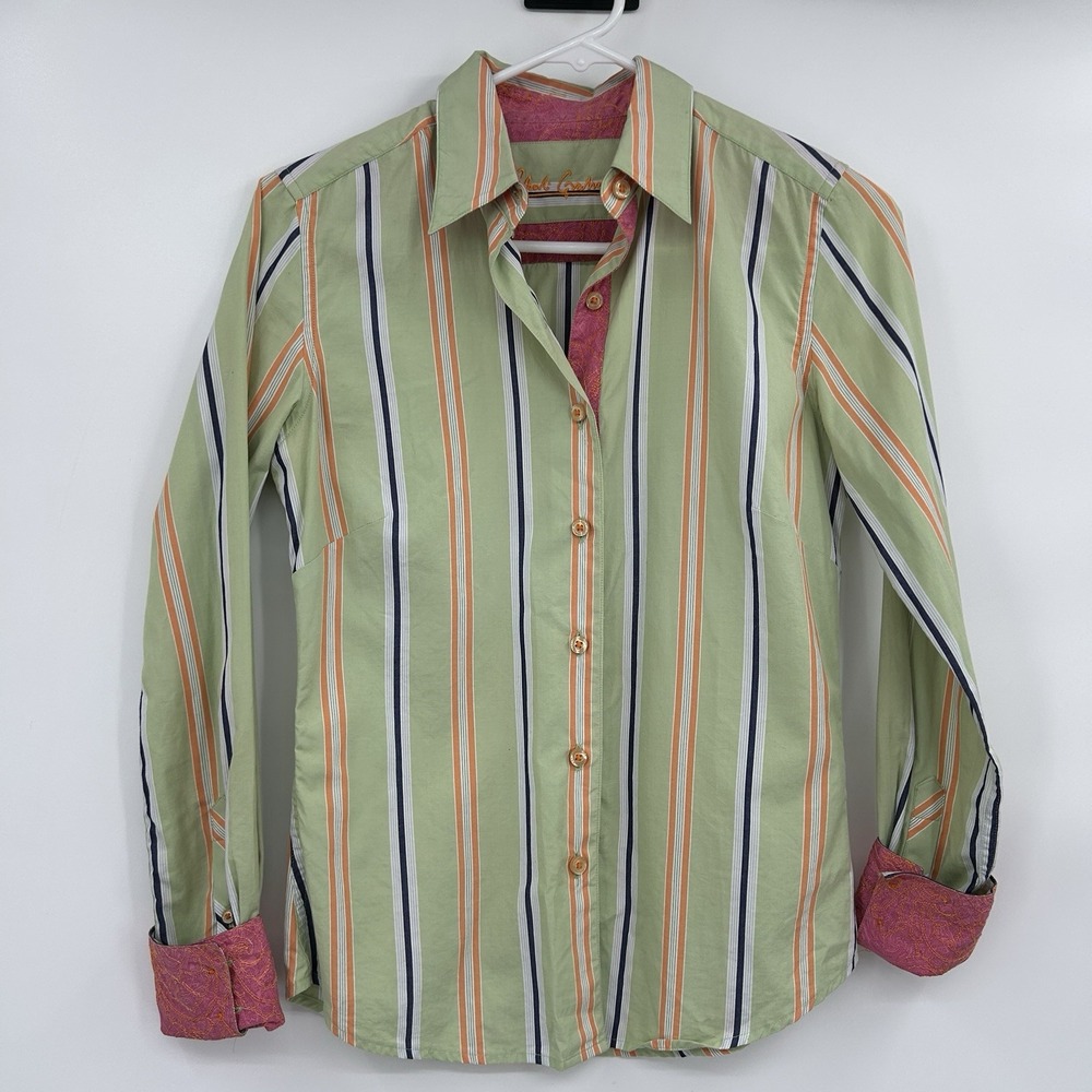 Robert Graham Womens Striped Flip Cuff Button Down Shirt Size 2 Classic Career